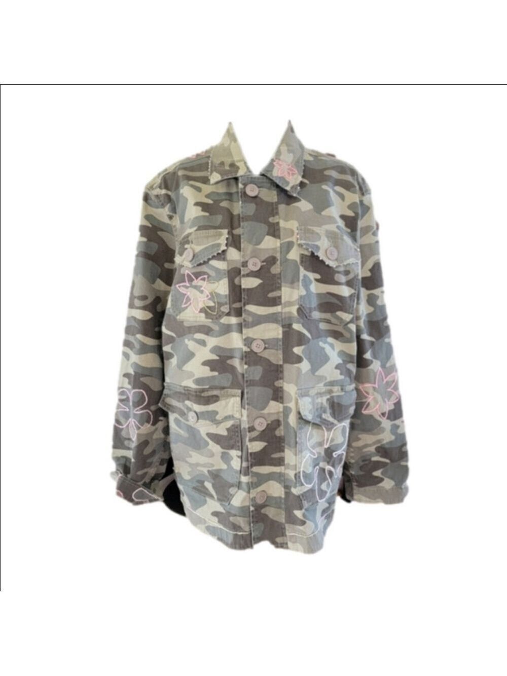 Camo Jacket Upcycled Hand Embroidered Floral Size Large (42-44) EUC